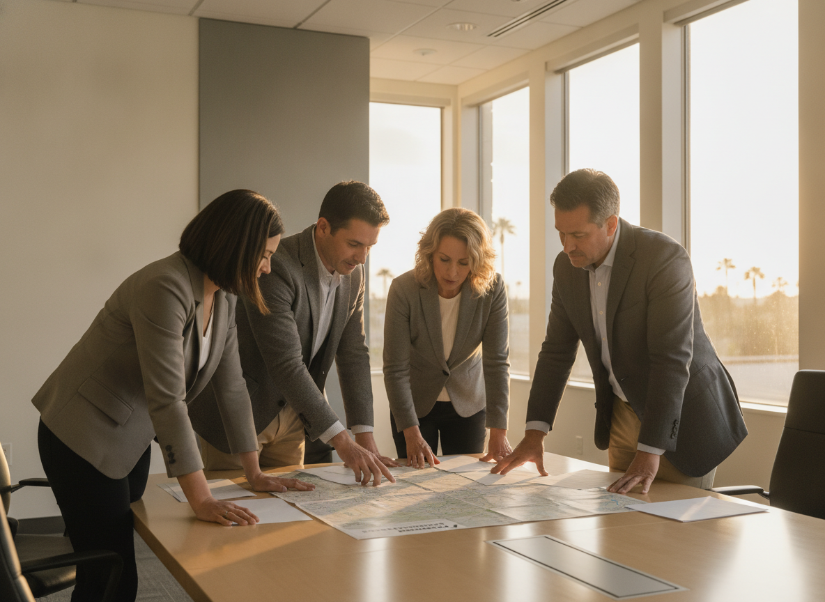 The Progressive Partners team reviewing community map in the Anaheim conference room